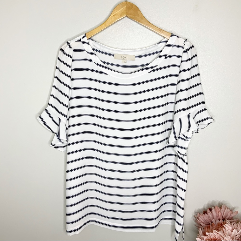 LOFT Black White Striped Short Sleeve Blouse